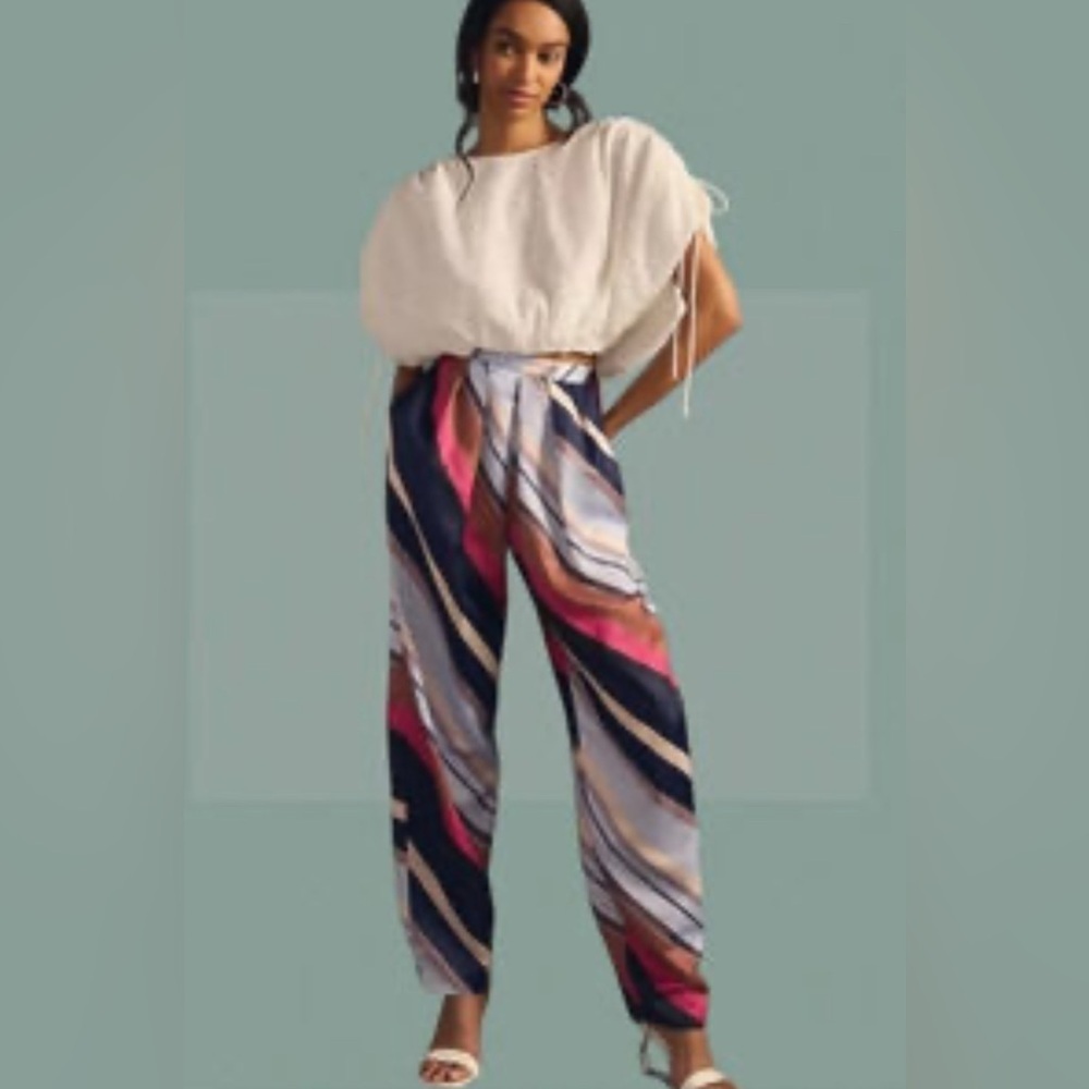 Maeve Anthropologie Satin Flowy Balloon Pants Side Button Striped Size 6
